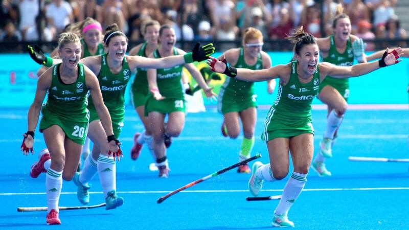 Chloe Watkins and Anna O’Flanagan lead the Ireland celebratations after winning the semi-final shootout against Spain at the World Cup in London. Photograph: Sandra Mailer/Inpho
