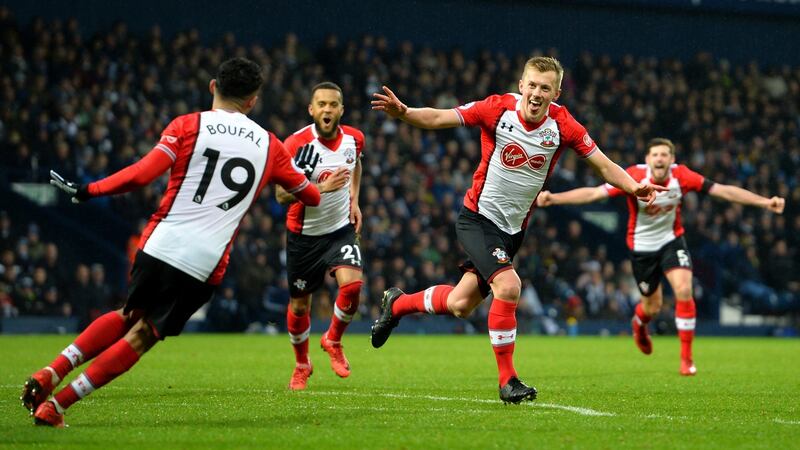 James Ward-Prowse of Southampton celebrates scoring his side’s third goal with team-mates during the Premier League match against  West Brom at The Hawthorns. Photograph:  Tony Marshall/Getty Images