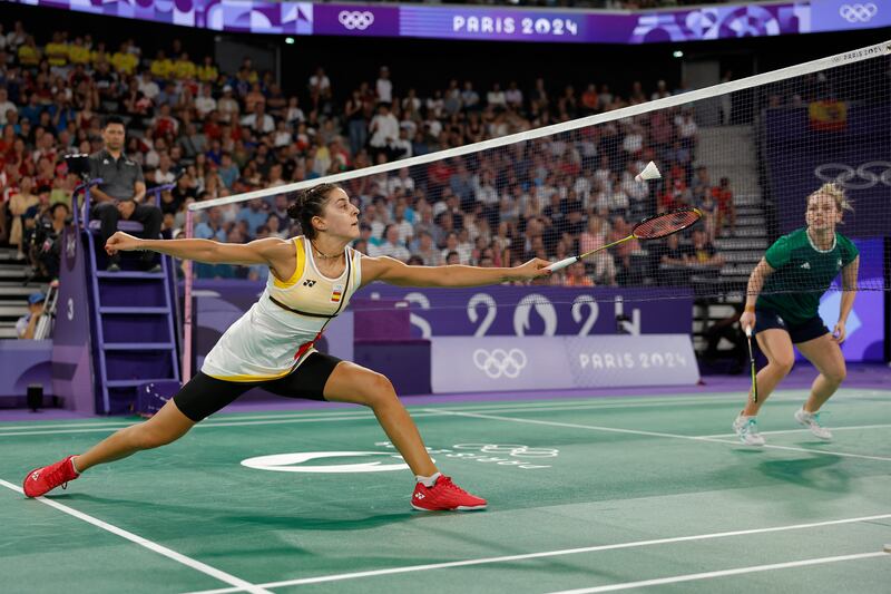 Spain's Carolina Marin and Ireland's Rachael Darragh in their singles badminton match. Photograph: Luis Tato/AFP