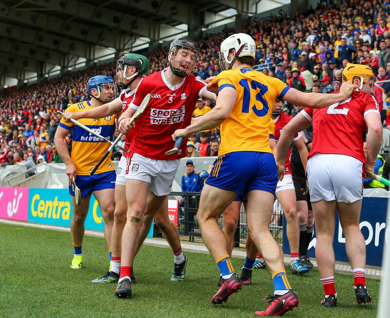 Tempers flare between Cork and Clare in the Munster SHC. Photograph: Ken Sutton/Inpho