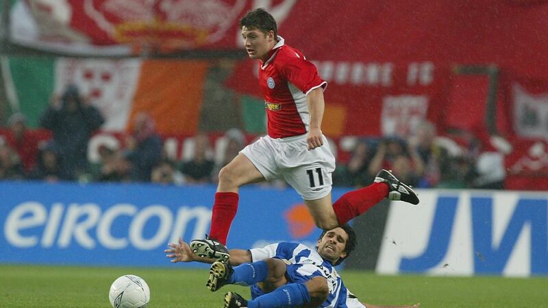 Hoolahan in action for Shels against Deportivo La Coruna in the Champions League third qualifying round in 2004. Photo: Morgan Treacy/Inpho