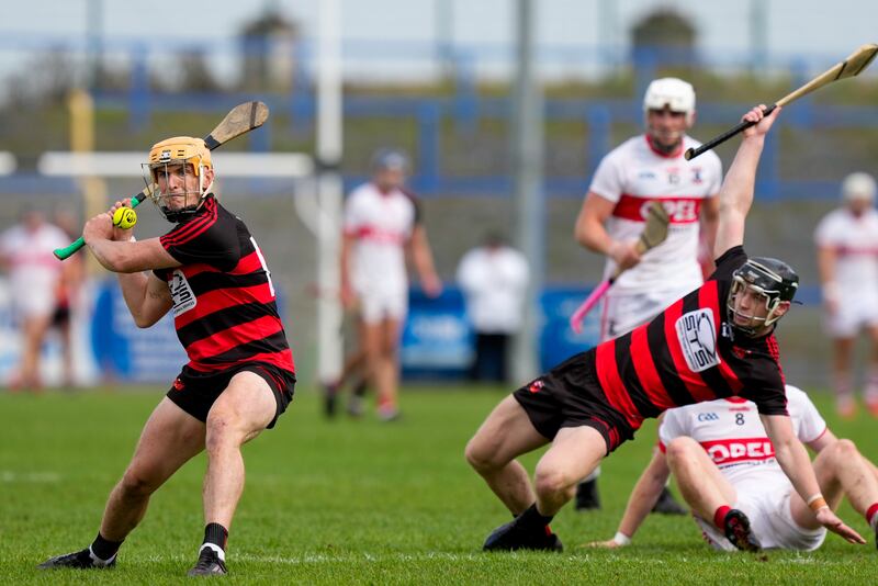 Ballygunner's Peter Hogan has a shot during the Waterford senior hurling semi-final against De La Salle. Photograph: James Lawlor/Inpho
