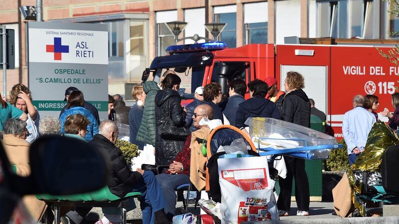 A hospital is  evacuated in Rieti, Italy,  following an earthquake  that struck the centre of the country on Sunday.  Photograph: Reuters