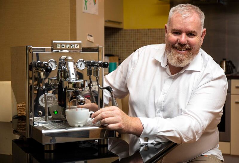 Adrian Shanahan with his ECM Electronika espresso machine. Photograph: Damien Eagers