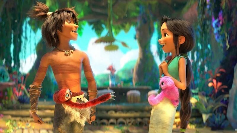 Guy (Ryan Reynolds) and Dawn (Kelly Marie Tran) in  The Croods: A New Age.