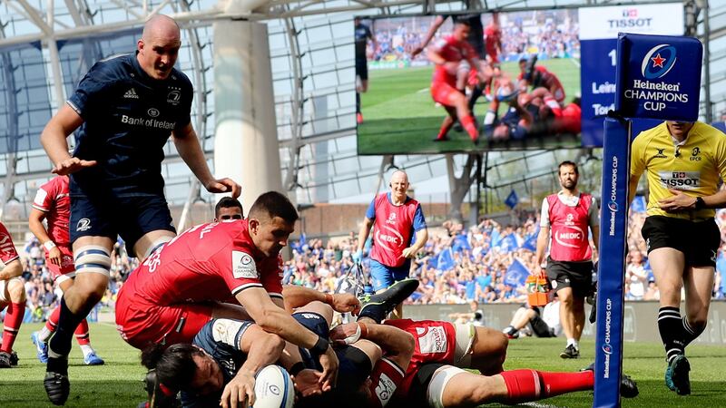 Leinster’s James Lowe scores his side’s opening try against Toulouse in the 2019 Champions Cup semi-final at the Aviva. Photograph: James Crombie/Inpho