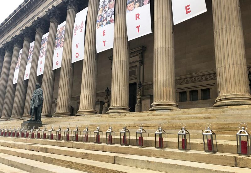 Some of the 96 lanterns that were lit on the steps of St George’s Hall in Liverpool, one for each of the victims of the disaster.  Photograph: Eleanor Barlow/PA Wire