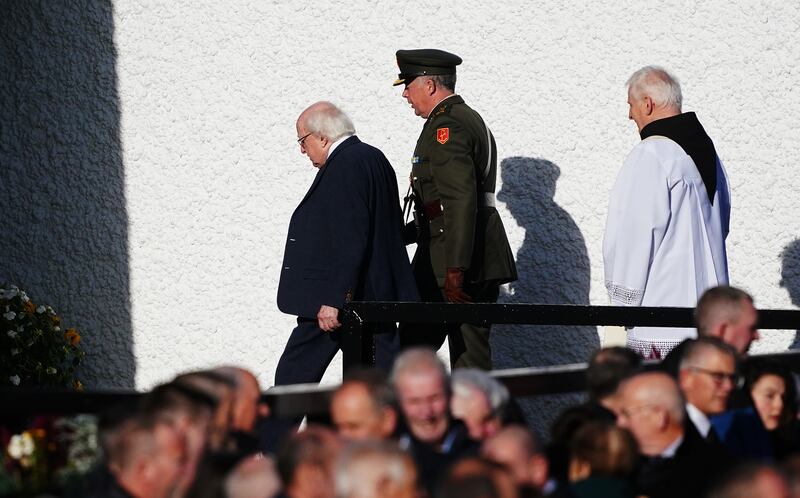 President Michael D Higgins arrives at St Michael's Church in Creeslough for the funeral Mass of Hugh Kelly. Photograph: Brian Lawless/PA