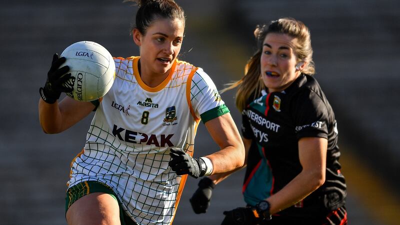 Meath’s Máire O’Shaughnessy  in action against Sarah Mulvihill of Mayo during the Lidl Ladies Football National League Division One  semi-final at St Tiernach’s Park in Clones. Photograph:  Ray McManus/Sportsfile