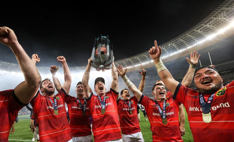 Munster’s Jean Kleyn, Shane Daly, Ben Healy, Antoine Frisch, Calvin Nash and Roman Salanoa celebrate after their triumph over Stormers in the URC final in Cape Town on May 27th. Photograph: James Crombie/Inpho