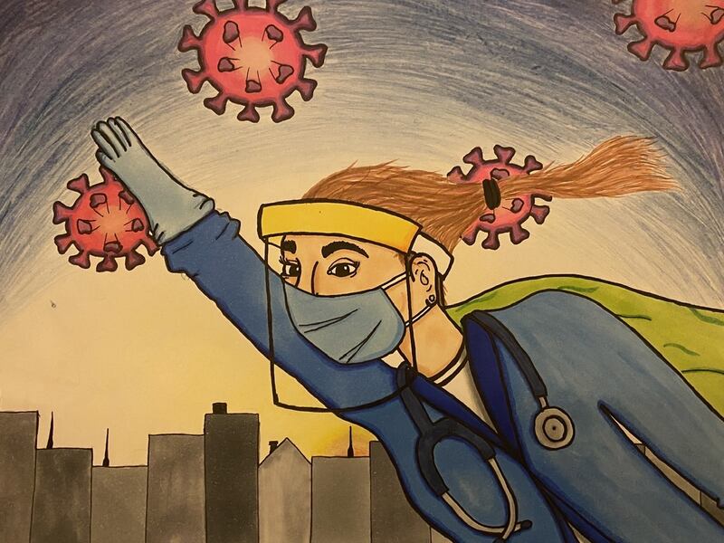 Cathal Walsh, aged 11. ‘My hero wears a cape...and a mask. This piece represents how courageous and dedicated the frontline workers are and how they are risking their lives to help all the people of Ireland and the world. This nurse is flying above the skyline in my picture wearing PPE and a cape, just like a real super hero.’