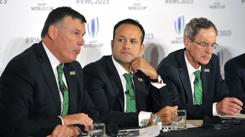IRFU Chief Executive Philip Brown, Taoiseach, Leo Varadkar and Dick Spring Chairman, Ireland 2023 Oversight Board, during the 2023 Rugby World Cup host candidates presentations. Photograph: Nick Ansell/PA Wire