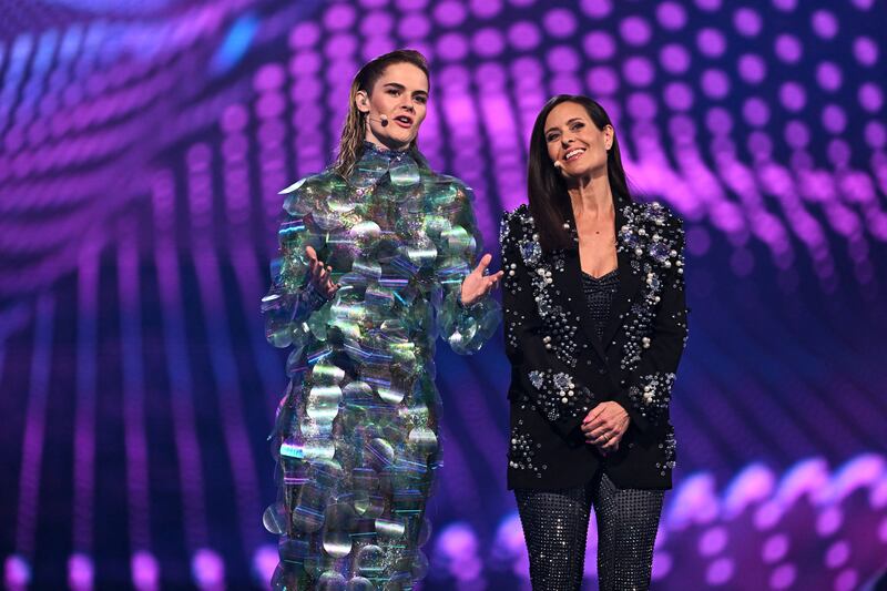 Hosts Hazel Brugger (left) and Sandra Studer speak on stage during the second semi-final of the Eurovision Song Contest 2025. Photograph: Fabrice Coffrini/AFP via Getty Images