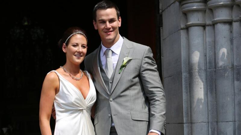 Childhood sweethearts: Jonny Sexton with his wife Laura, left, on their wedding day in July. Photograph: Liam Burke/Press 22