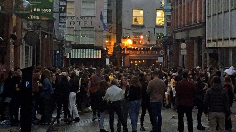 Dublin city centre on Saturday evening as lockdown restrictions started to ease. Photograph: PA