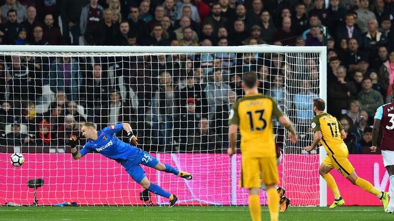 Glenn Murray scores Brighton’s opener against West Ham. Photograph: Glyn Kirk/AFP