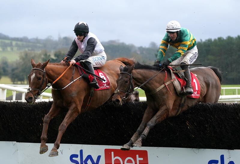 Impervious ridden by Brian Hayes (right) on their way to winning the Madigan Group Novice Chase at Punchestown. Photograph: Brian Lawless/PA Wire