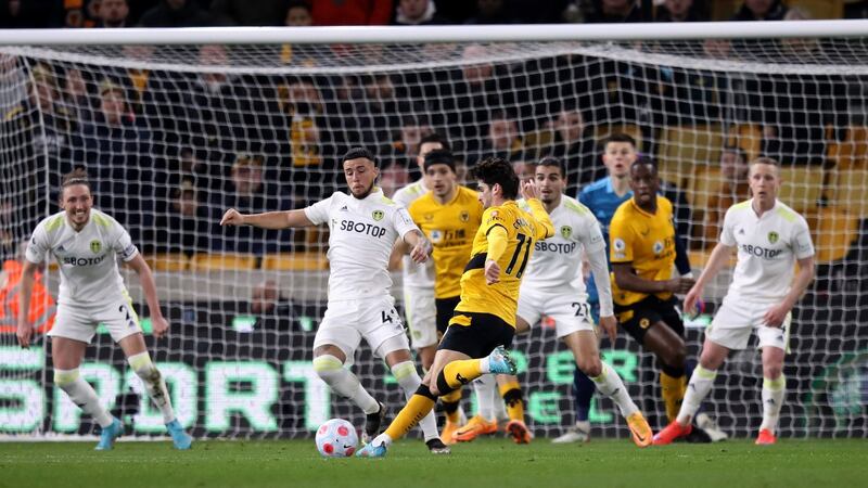 Wolverhampton Wanderers’ Francisco Trincao scores their second goal  during the Premier League match against Leeds United at Molineux Stadium. Photograph:  Isaac Parkin/PA Wire