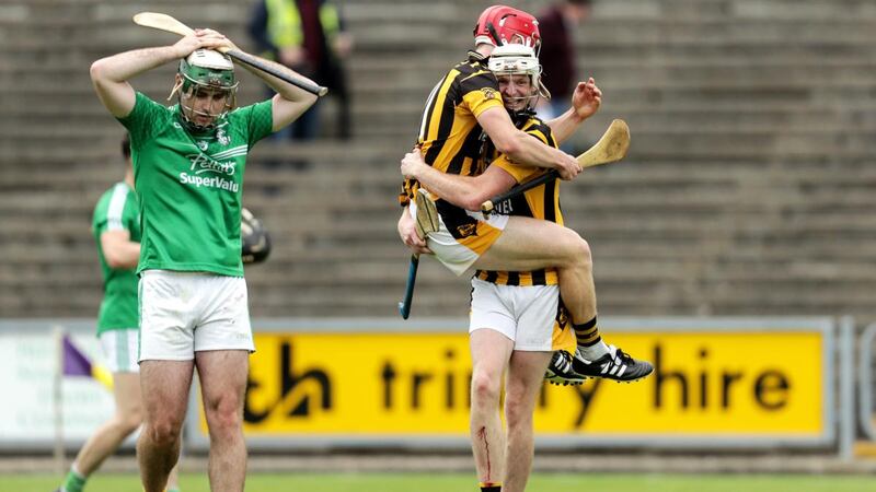 Shelmaliers’ Seán Keane Carroll celebrates at the final whistle with Ross Banville after their victory over Naomh Eanna in the Wexford SHC Final back in August. Photograph: Laszlo Geczo/Inpho