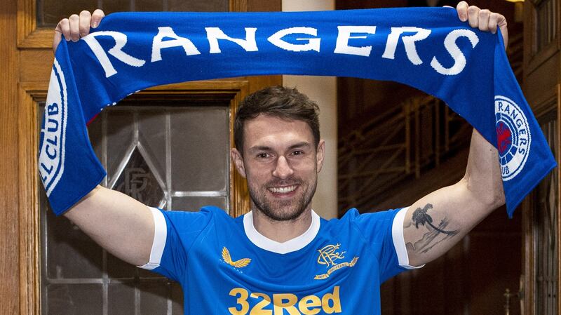 Aaron Ramsey at Ibrox Stadium after sealing a loan move to Rangers from Juventus. File photograph: Getty