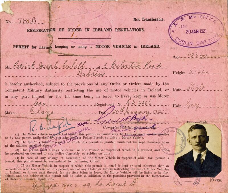 A driving permit issued by the British authorities under the 1920 Restoration of Order in Ireland Act. (Dublin City Library and Archive, BOR F16-04a)