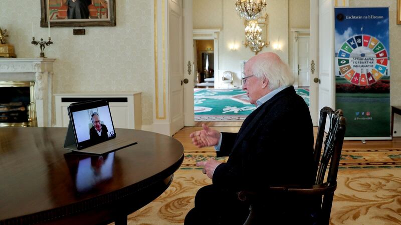 President Michael D Higgins being interviewed remotely by Fintan O’Toole at Áras an Uachtaráin. Photograph: Maxwell