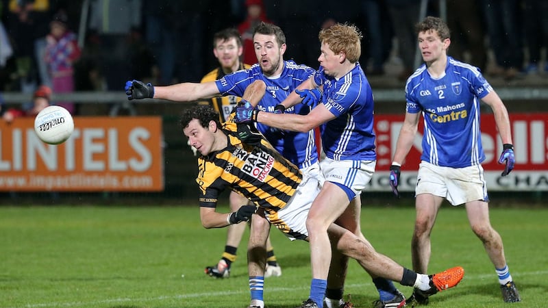 Crossmaglen’s Jamie Clarke with Scotstown’s Mark Duffy, Emmet Caulfield and Damien McArdle during their  Ulster club final at the Athletic Grounds in Armagh. Photograph: Declan Roughan/Presseye/Inpho