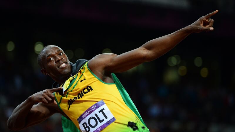 Usain Bolt celebrating after winning the men’s 100m final at the athletics event during the London 2012 Olympic Games in London. Photograph: Olivier Morin/AFP/Getty Images