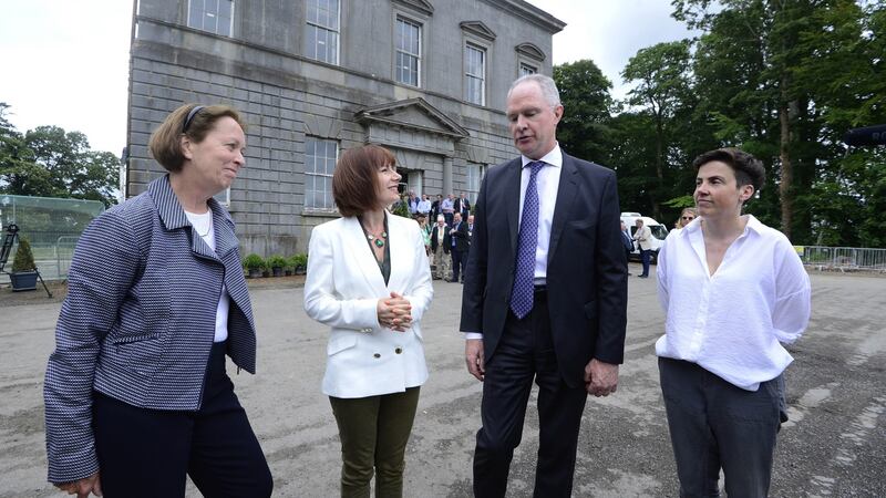 Prof Alice Stanton, Minister for Heritage Josepha Madigan, Owen Brennan,  and Dr Clíodhna Ní Lionáin at Dowth Hall, Co Meath. Photograph: Cyril Byrne/The Irish Times