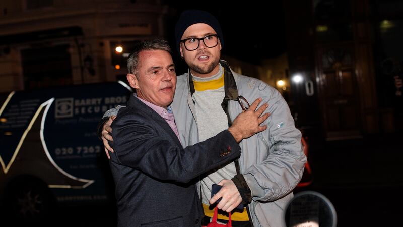 Cambridge Analytica whistleblower Christopher Wylie (right),  is greeted by British author Peter Jukes  as he arrives for an event at the Frontline Club, London in March  2018. Photograph: Jack Taylor/Getty Images