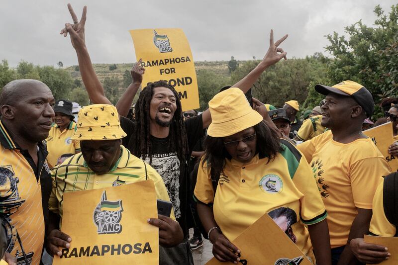 Supporters of South African president Cyril Ramaphosa show their support in Johannesburg on Monday. Photograph: Luca Sola/Getty Images