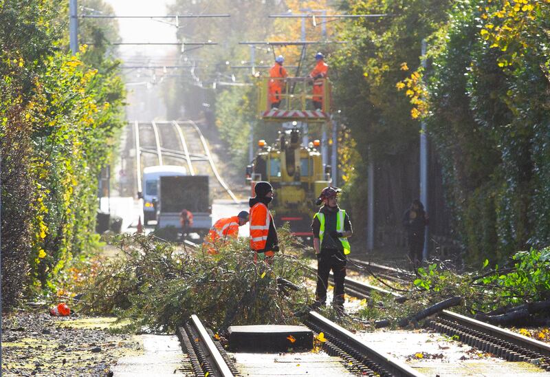 Staff on the Luas Green line work to remove a tree from the tracks at Beechwood on Monday. Photograph: Gareth Chaney/Collins
