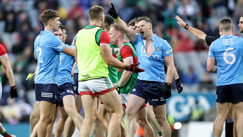 Tempers flare between Mayo’s Aidan O’Shea and Philly McMahon of Dublin during the All-Ireland semi-final. Photograph: Laszlo Geczo/Inpho