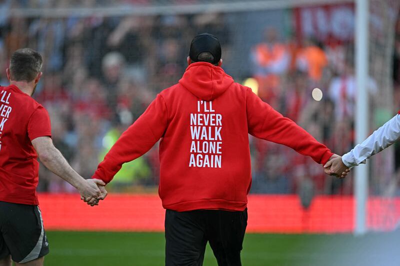 Jurgen Klopp says his final farewell to fans after the Premier League clash against Wolves at Anfield . Photograph: Paul Ellis/AFP/Getty Images