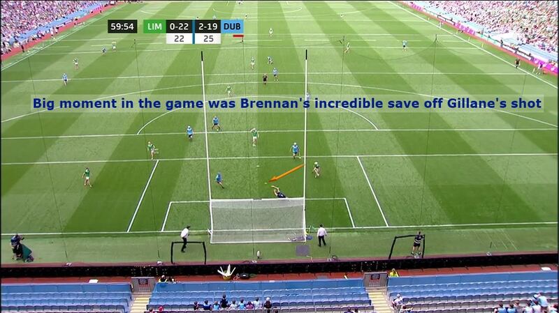 Seán Brennan made a brilliant save from Aaron Gillane with 10 minutes to go to help Dublin stay in front