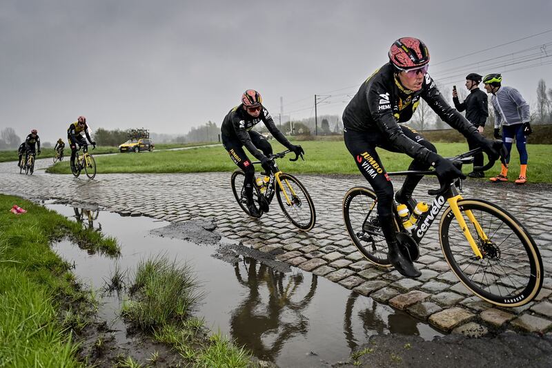 Belgian Wout van Aert of Team Jumbo-Visma in action during the reconnaissance of the track ahead of this year's Paris-Roubaix cycling race on Easter Sunday. Photograph: Dirk Waem/Gelga Mag/AFP via Getty Images)