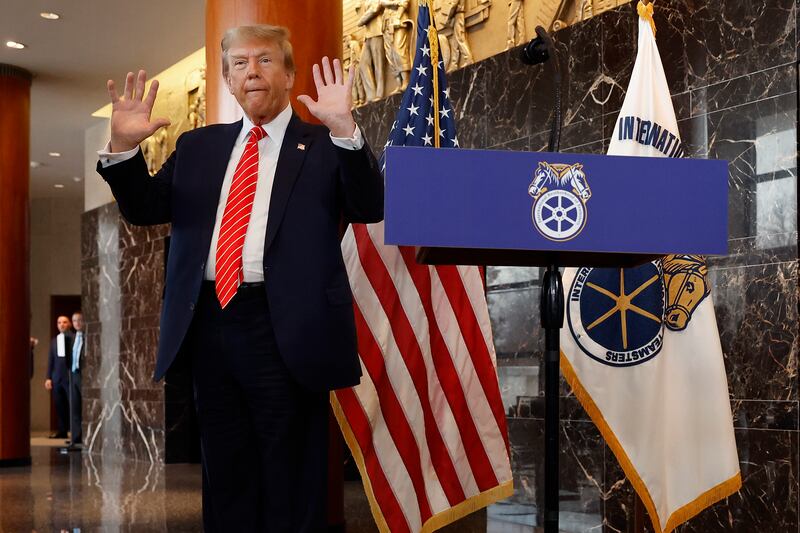 Former US president and Republican candidate Donald Trump at the International Brotherhood of Teamsters headquarters in Washington on Wednesday. Photograph: Chip Somodevilla/Getty Images