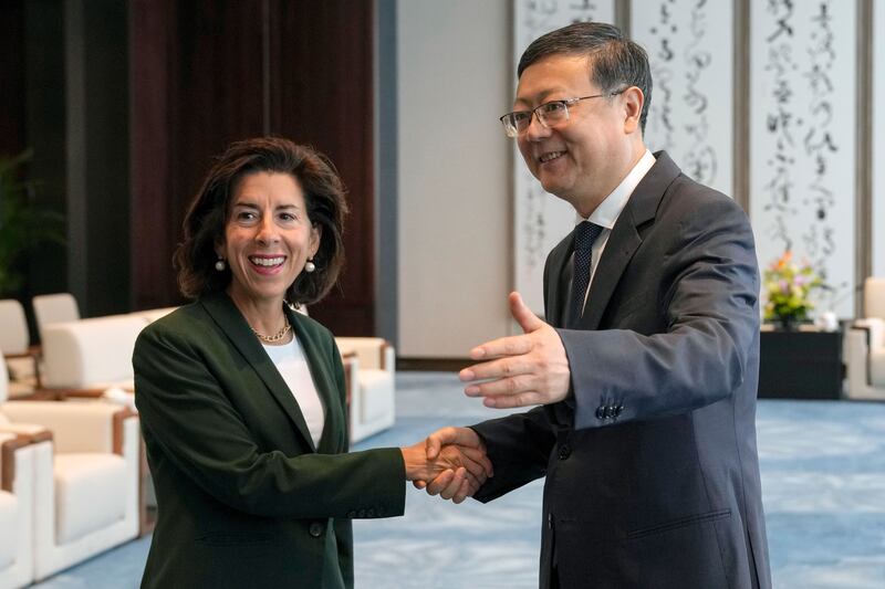US commerce secretary Gina Raimondo  and Shanghai party secretary Chen Jining. Ms Raimondo  told an American Chamber of Commerce event in Shanghai: “The message is to continue to do what you’re doing. We want you here investing, growing.” Photograph: Andy Wong/EPA