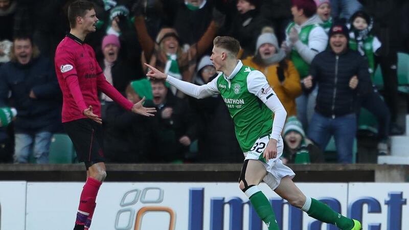 Hibernian’s Oli Shaw celebrates scoring his side’s equaliser against Celtic. Photograph: Andrew Milligan/PA
