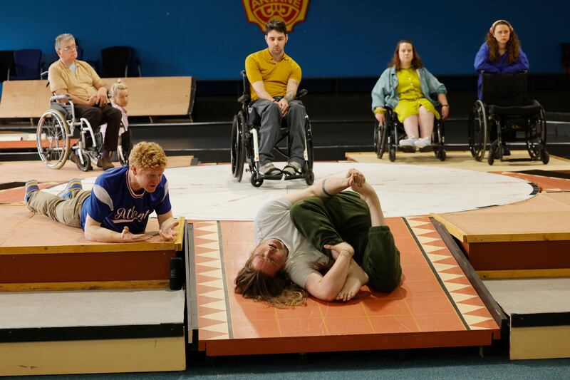 Peter Kearns, Mark Fitzgerald, Eric Fitzgerald, Ferdia MacAonghusa and  Sorcha Curley amid rehearsals with Sarah Taylor Mooney (right), assistant stage manager. Photograph: Alan Betson/The Irish Times

