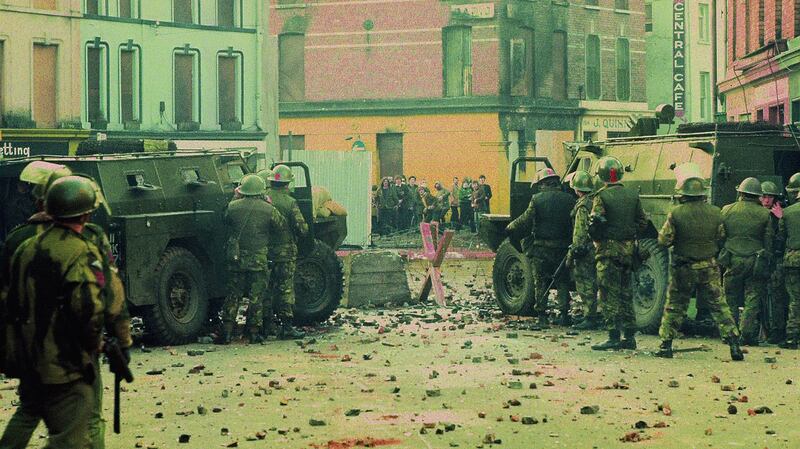 Youths confront British soldiers minutes before paratroopers opened fire killing 14 civilians on Bloody Sunday in 1972. Photograph: William L. Rukeyser/Getty Images.