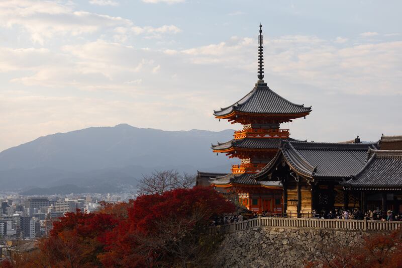 Three-storey pagoda inside Kiyomizu-dera Buddhist temple in Kyoto. Photograph: Stanislav Kogiku/SOPA Images/LightRocket via Getty