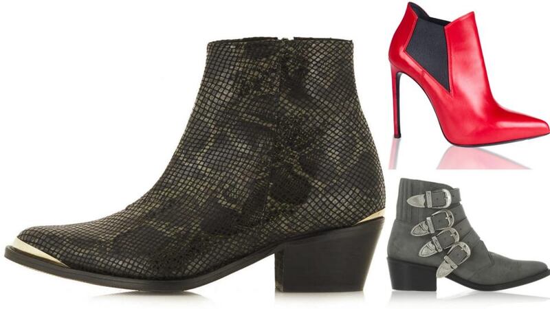 Clockwise from left: western-style “Angle” ankle boots, €145 at Topshop (£95 at topshop.com); red leather boots, €650 by Saint Laurent Paris at Brown Thomas; grey buckled suede ankle boots, €360 by Toga Pulla exclusively at Net-a-Porter.com