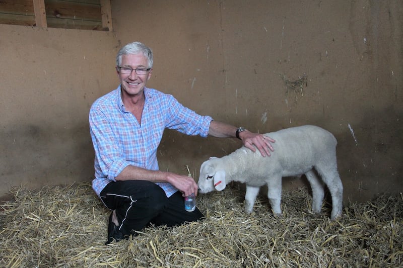 Paul O'Grady with Winston the lamb at his home in Kent. O'Grady rehomed the lamb after the animal was found dumped in a wheelie bin in Manchester in 2011. Photograph: Joe Murphy/RSPCA