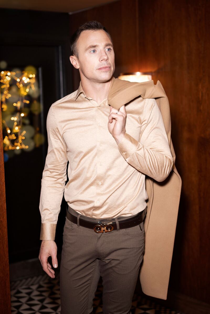 Tommy wears coat, €299, Massimo Dutti; shirt, Maurizio Baldassari,€129.50 Louis Copeland; trousers, Brax, €129, Louis Copeland; shoes, Simonds, Tommy Bowe, €99.95; belt, Salvatore Ferragamo, Brown Thomas