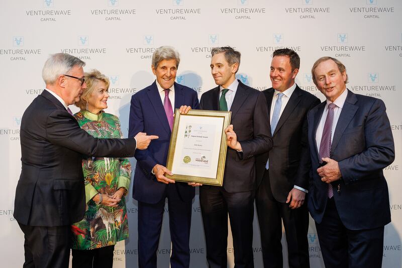 Kieran McLoughlin, VentureWave Capital; Anne Finucane, TPG Rise; John Kerry; Taoiseach Simon Harris; Alan Foy, VentureWave Capital; and former taoiseach Enda Kenny. Photograph: Dee Organ