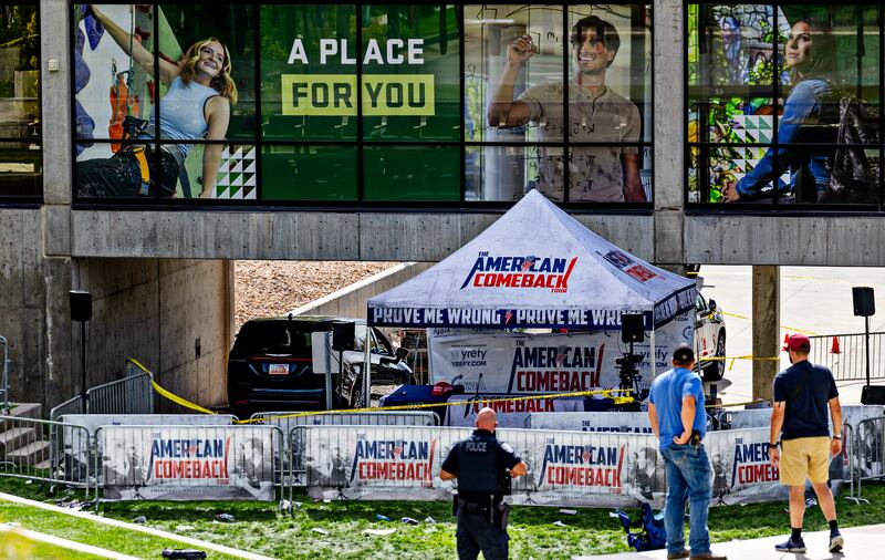 The tent where Charlie Kirk was fatally shot while speaking during an event at Utah Valley University in Orem, Utah. Photograph: Kim Raff/The New York Times
                      