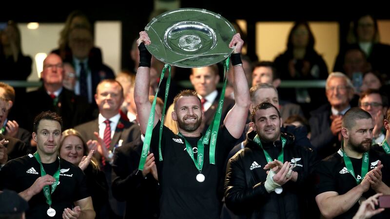 Kieran Read lifts the Hillary Shield after New Zealand’s win over England. Photograph: Phil Walter/Getty