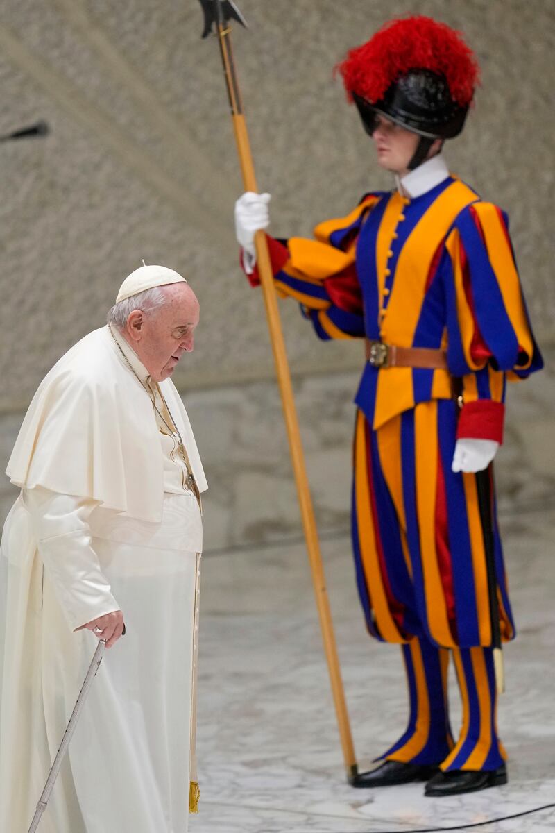 Pope Francis was greeted by an enthusiastic crowd in the Paul VI auditorium. Photograph: Andrew Medichini/AP