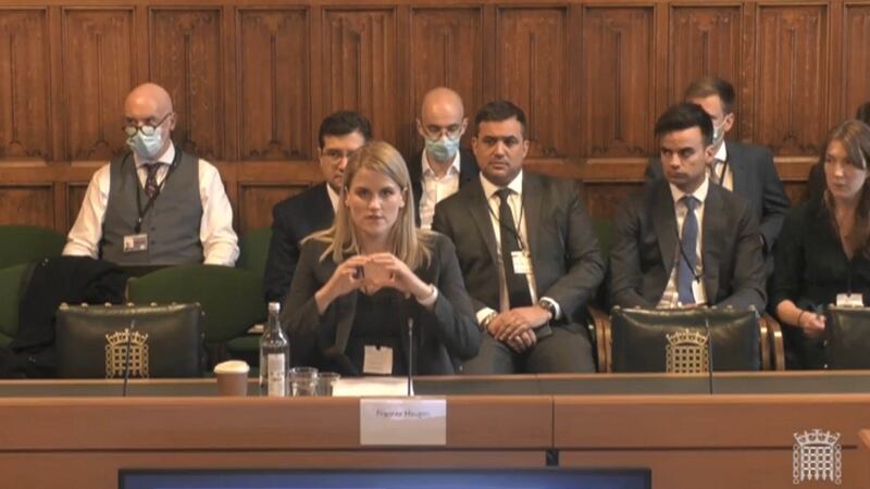 Frances Haugen giving evidence to the UK joint committee for the Draft Online Safety Bill, as part of government plans for social media regulation. Photograph: House of Commons/PA Wire